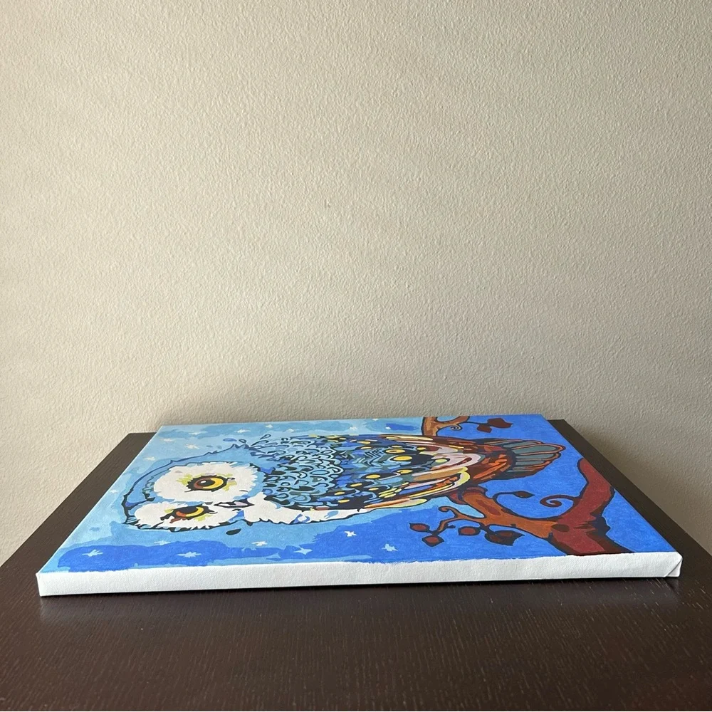 Canvas Oil Painting Blue Owl On Branch Paint by Numbers Stretched Wooden Frame - Picture 8 of 13